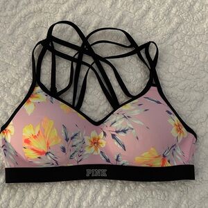 PINK Victoria's Secret Pink Floral Crisscross Strappy Sports Bra Medium 34B